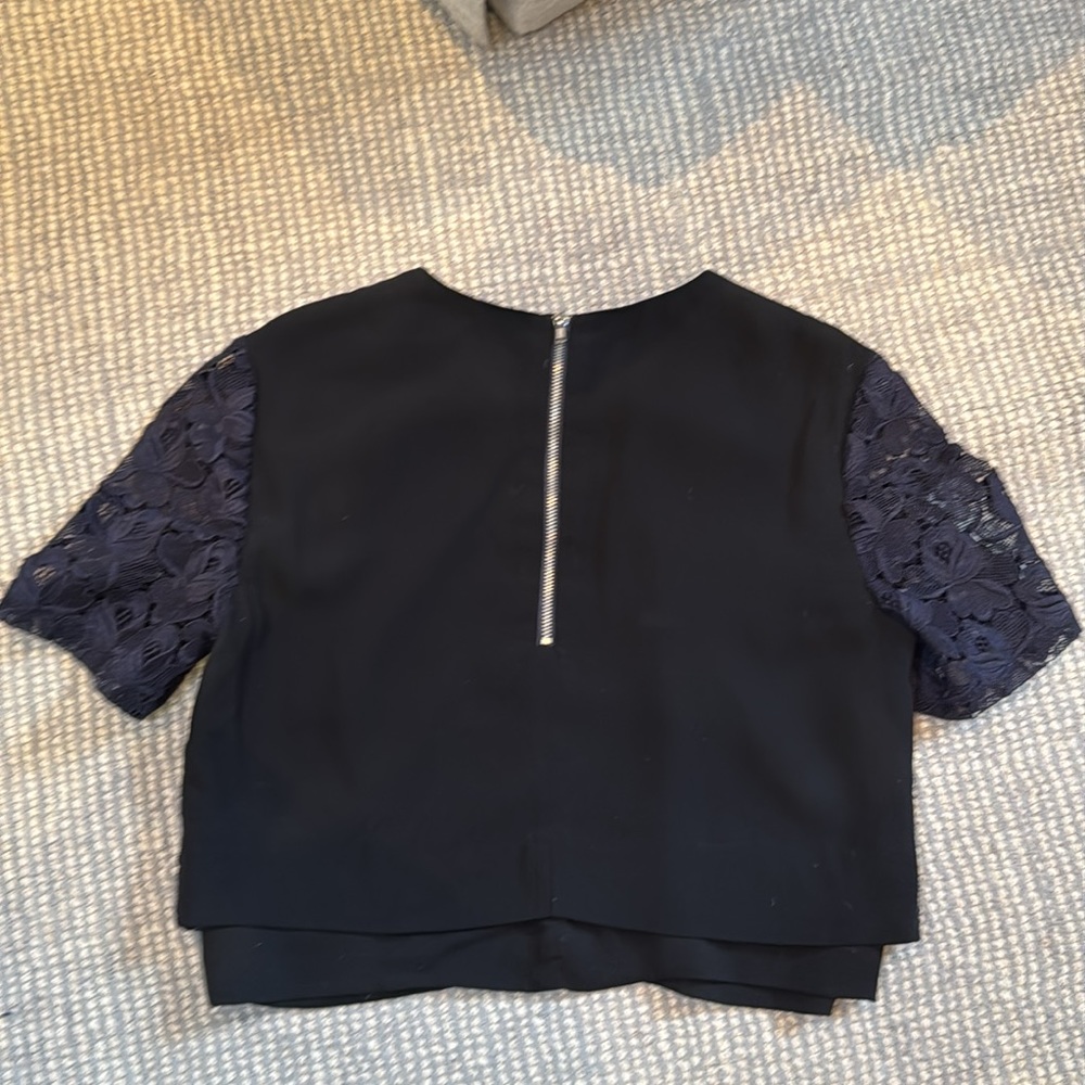 ALC A.L.C. midnight Blue Lace Flower Skirt Blouse Set sz 8 silk lined - Picture 6 of 8